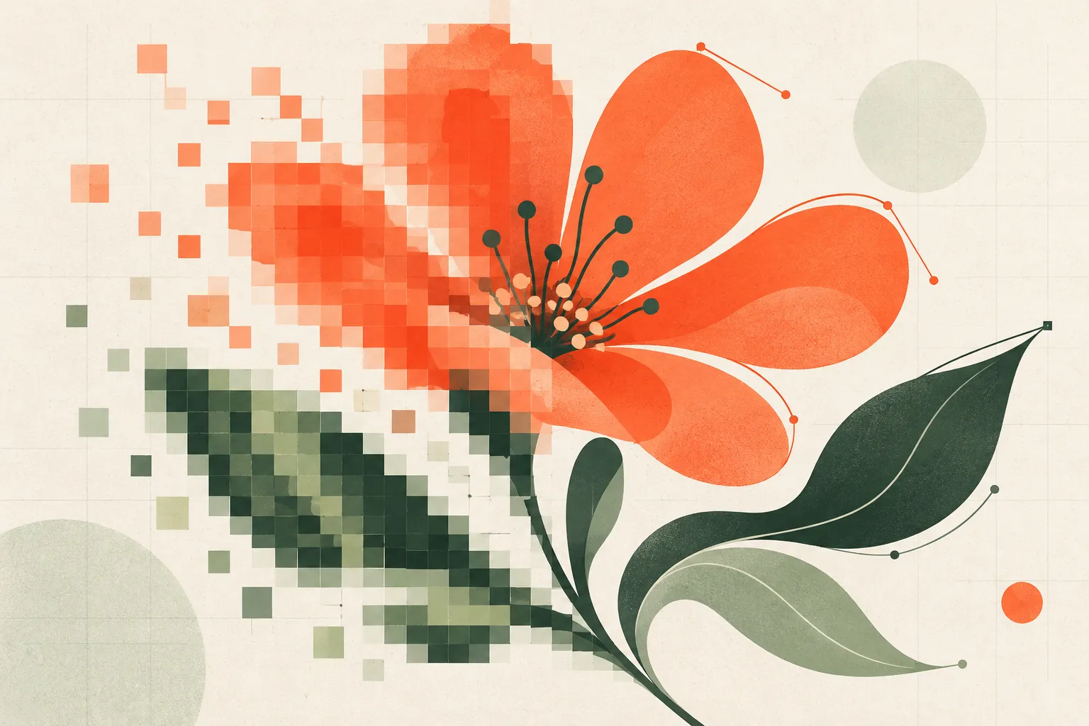 Abstract flower transitioning from pixelated raster blocks to smooth vector curves